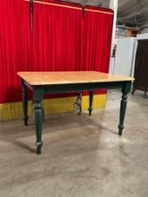 Vintage Wooden Dining Table w/ Concealed Folding Leaf & Green Legs. Stands 30" Tall. See pics.