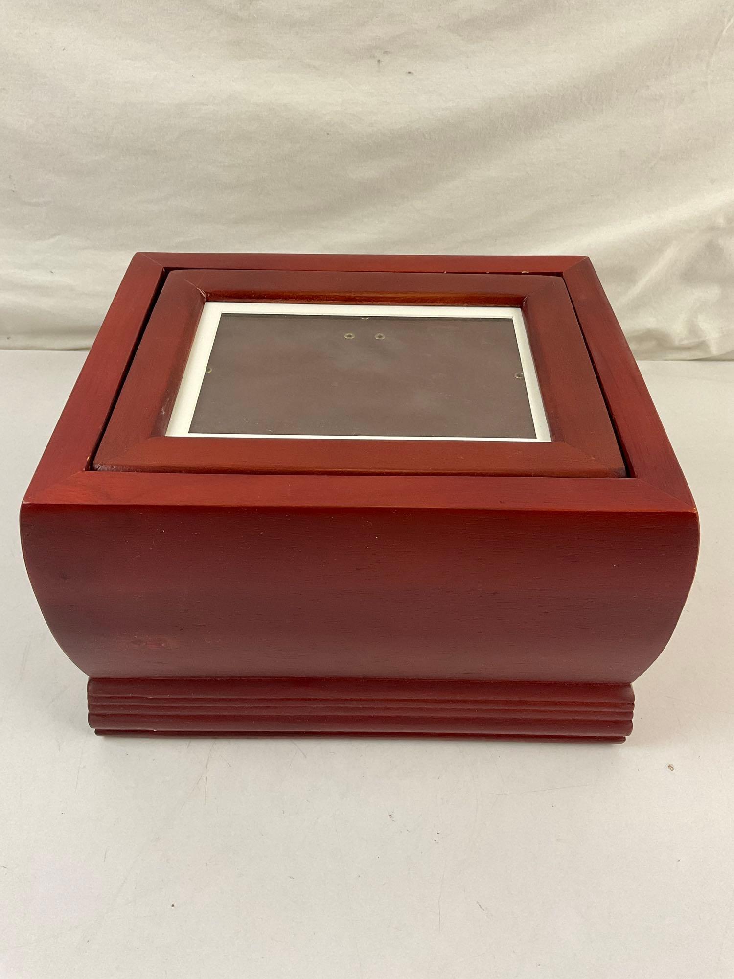 Modern Wooden Cremation Ashes Urn w/ Photo Frame. New in Box. Measures 10" x 6.5" See pics.