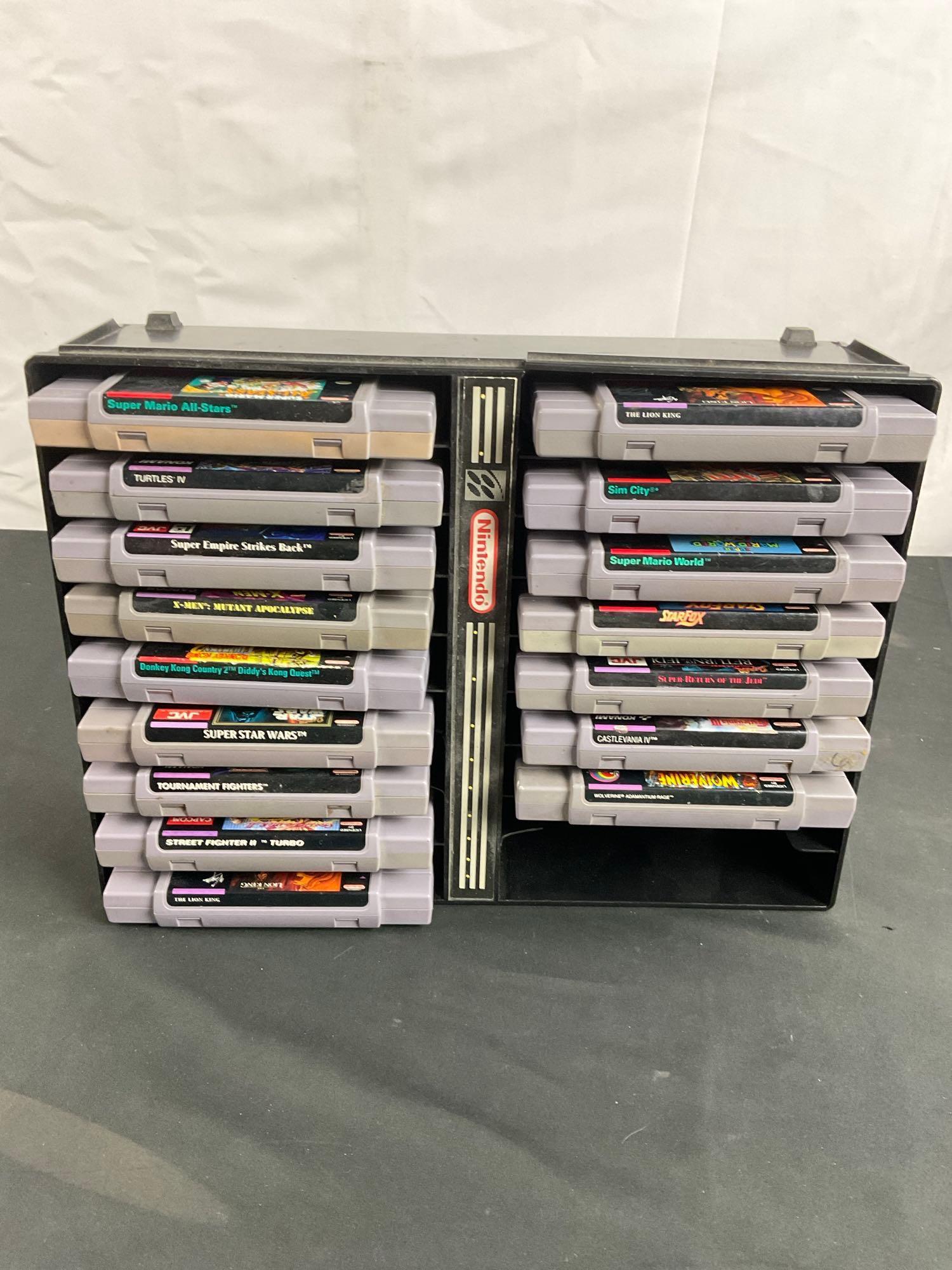 Collection of 16 SNES Game Cartridges incl. Several Star Wars, Starfox, Mario, & Marvel Titles