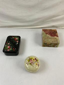 3 pcs Vintage Dresser Boxes. Painted Black Metal Box. Natural Jasper Cut Stone Box. See pics.