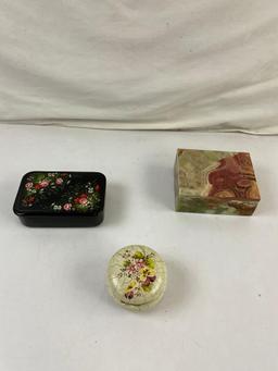 3 pcs Vintage Dresser Boxes. Painted Black Metal Box. Natural Jasper Cut Stone Box. See pics.