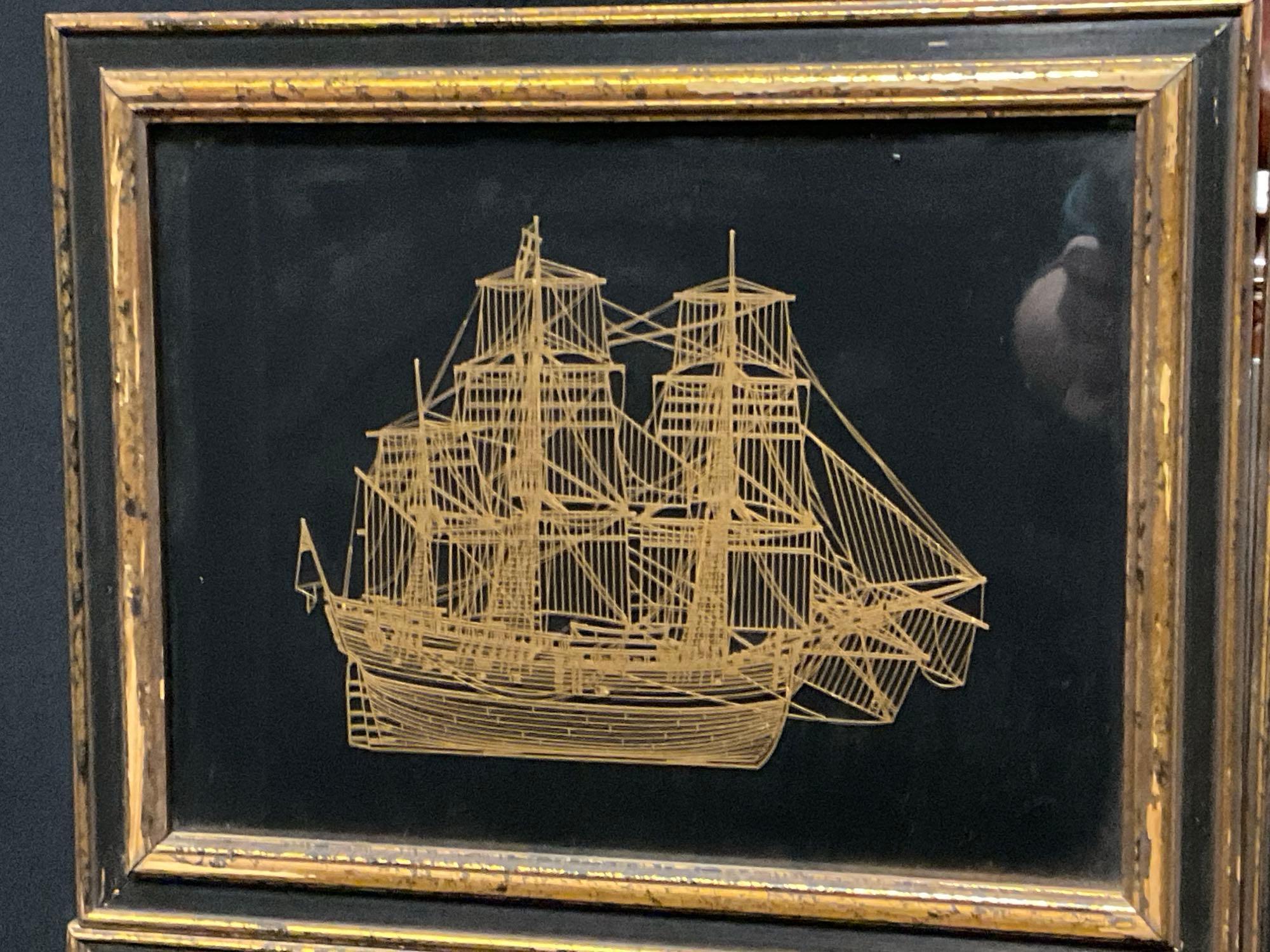 4x Framed Golden Silhouettes, titled The Trinidad, The Golden Hind, The Sao Gabriel, The Endeavor