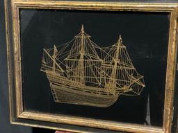 4x Framed Golden Silhouettes, titled The Trinidad, The Golden Hind, The Sao Gabriel, The Endeavor