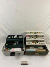 2 pcs Vintage Plastic Tackle/Tool Boxes w/ Assortment of Fishing Tools & Accessories. See pics.
