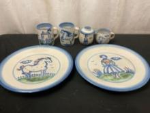 Handpainted Stoneware by M.A.Hadley, Plates, Cups, and Sugar & Cream, 6 pieces