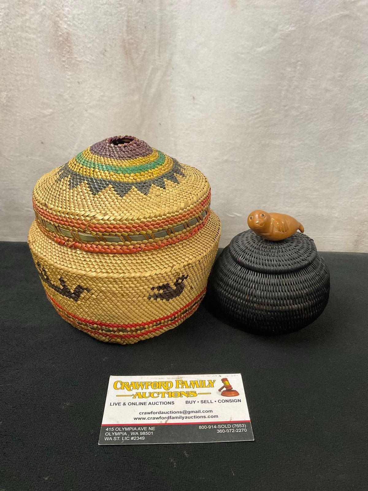 Pair of Native American made Basket w/ Lids, 1x Black w/ Seal Fetish & Multicolored