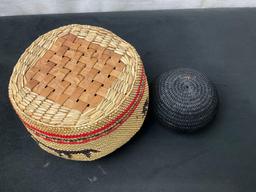 Pair of Native American made Basket w/ Lids, 1x Black w/ Seal Fetish & Multicolored
