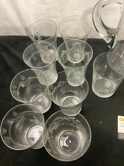 Collection of Etched & Iridescent Tumblers, and Coupe Glasses, and a Starburst Etched Pitcher