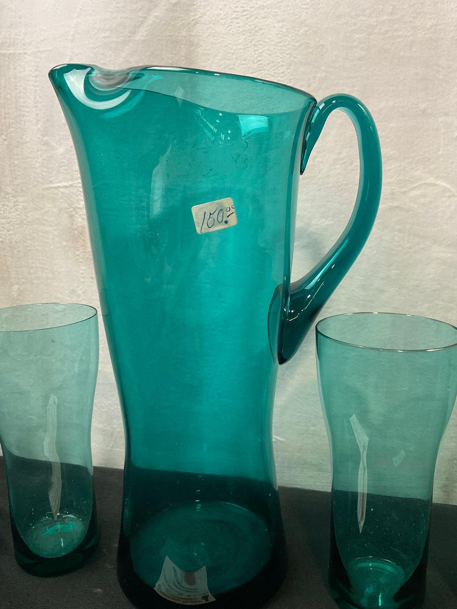 Vintage Blenko Aqua Handblown Pitcher and 4 Tumblers