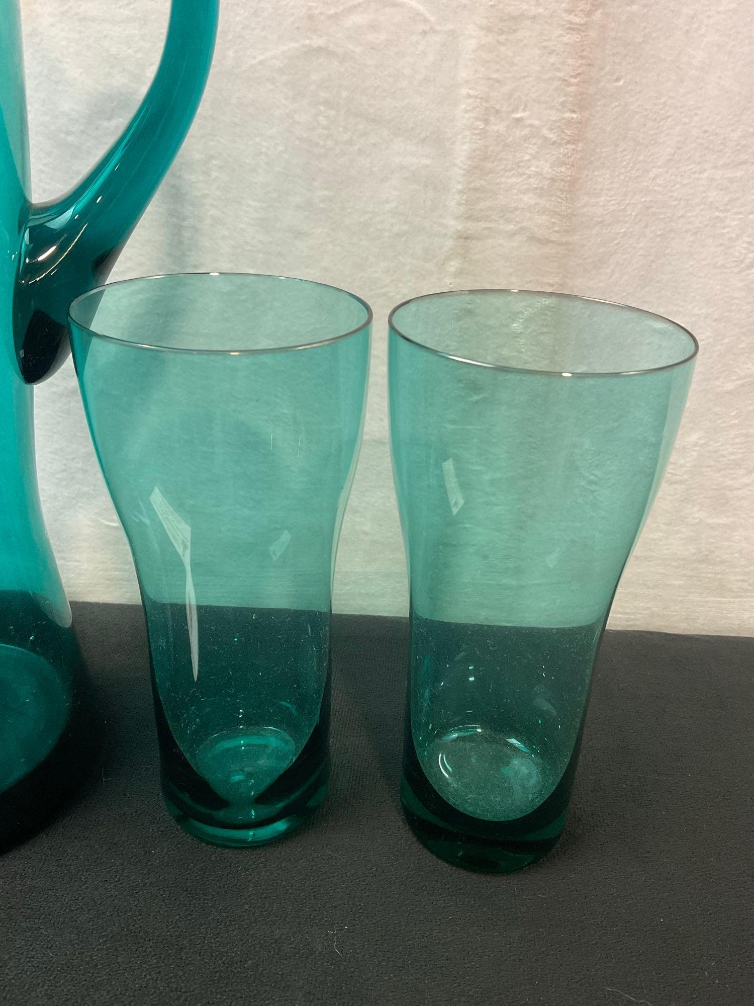 Vintage Blenko Aqua Handblown Pitcher and 4 Tumblers