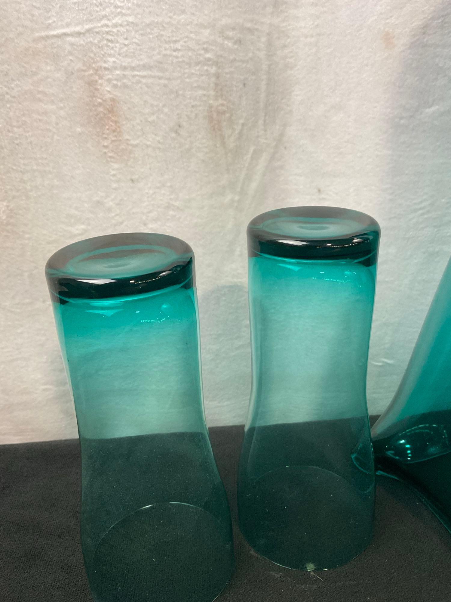 Vintage Blenko Aqua Handblown Pitcher and 4 Tumblers