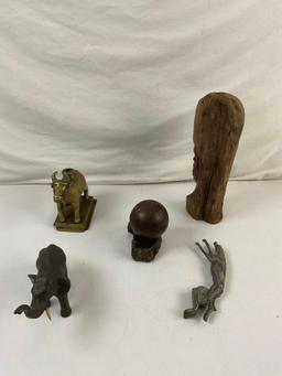 5 pcs Vintage Decorative Statuette Assortment. Japanese Metal Elephant. Wooden Baseball. See pics.