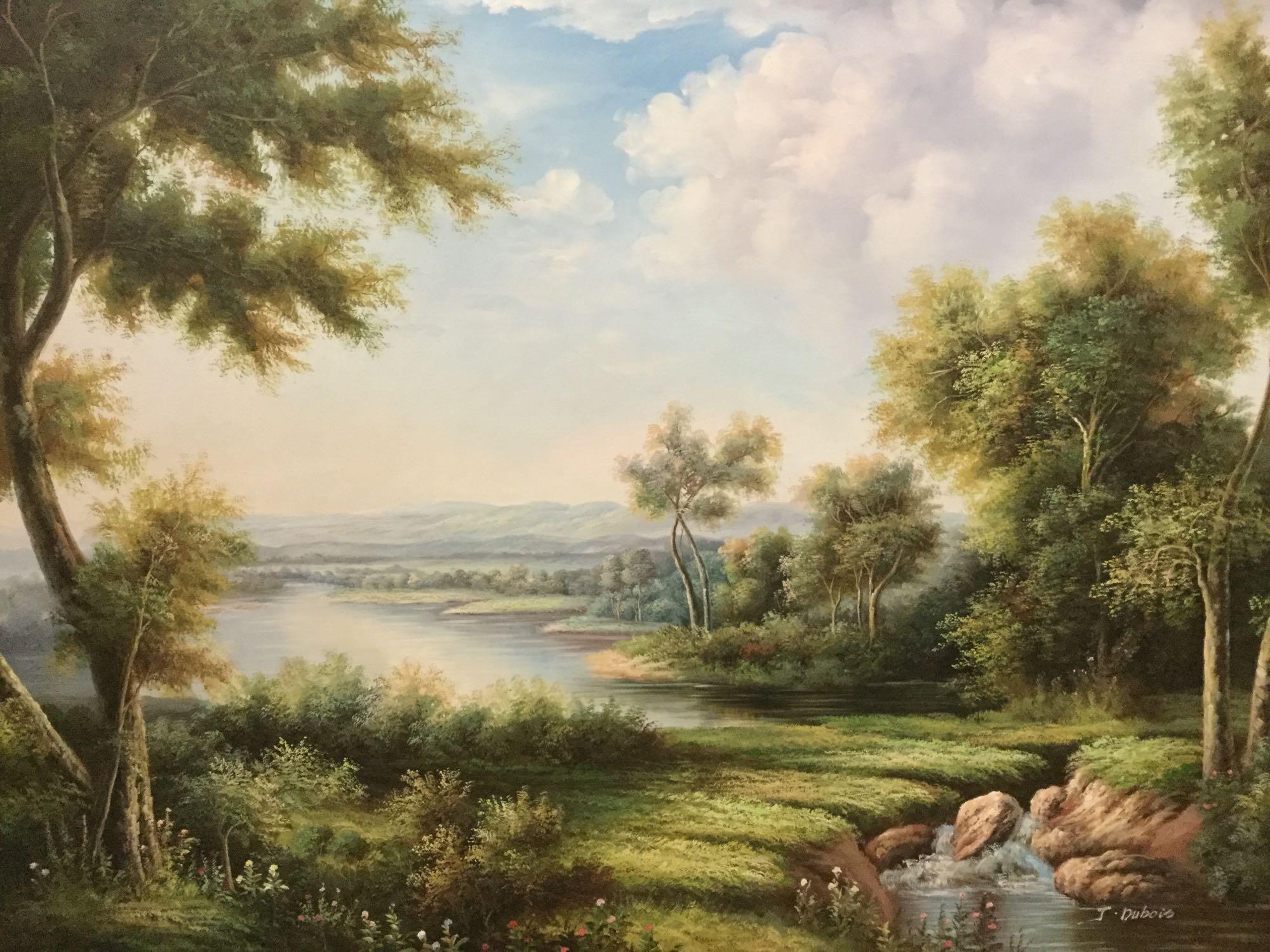 Large original oil on canvas tropical landscape scene in frame signed artist J Dubois