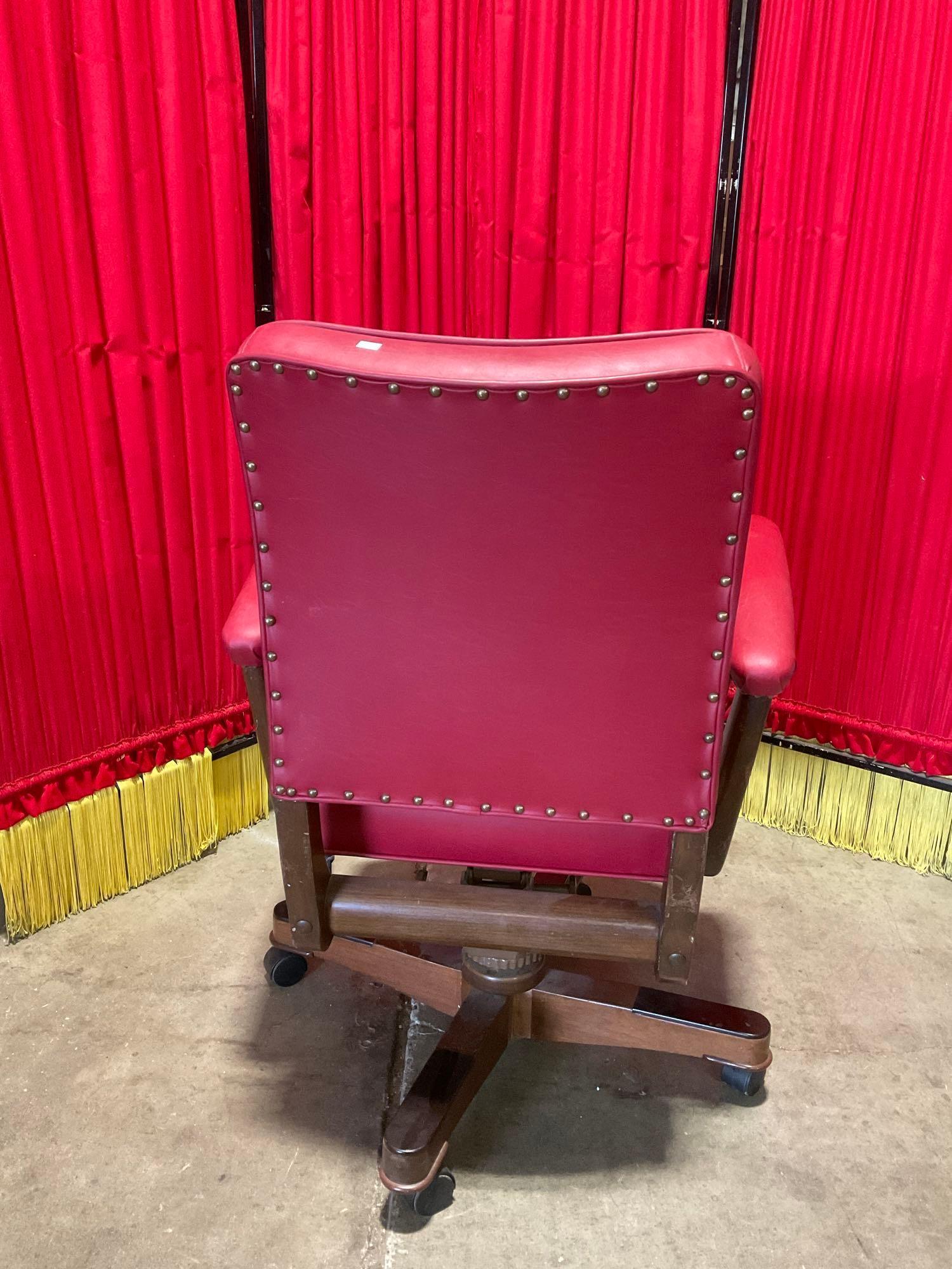 Vintage Red Vinyl and Wooden Swivel Arm Chair. Blue Cushion Upholstery. See pics.