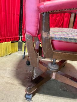 Vintage Red Vinyl and Wooden Swivel Arm Chair. Blue Cushion Upholstery. See pics.