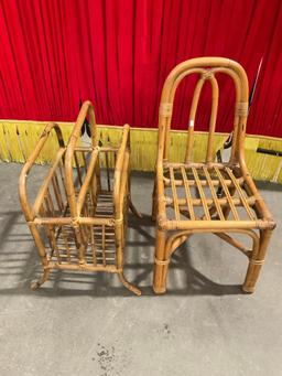 Duo of Mid Century Rattan Magazine Rack & Rattan Children's Chair