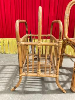 Duo of Mid Century Rattan Magazine Rack & Rattan Children's Chair