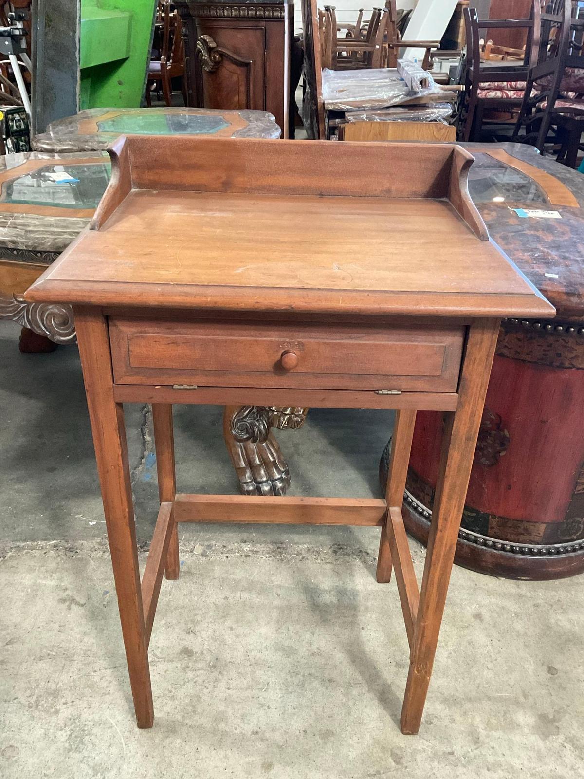 Vintage Wooden Side Table w/ Fold Open Compartment. Measures 20.5" x 23" See pics.