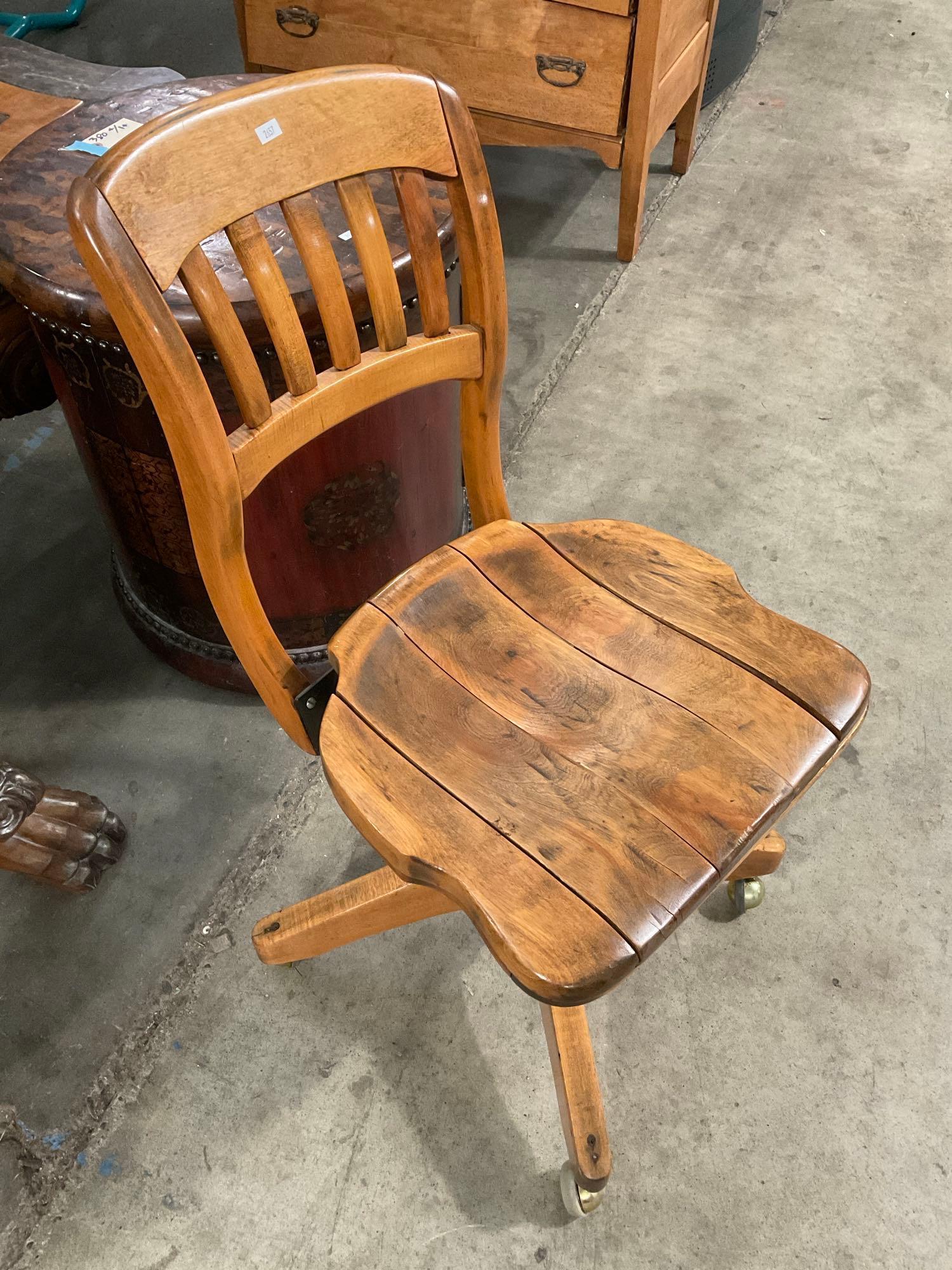 Vintage Shepherd Industrial Wooden Wheeled Rolling Office Chair. Measures 17" x 31" See pics.