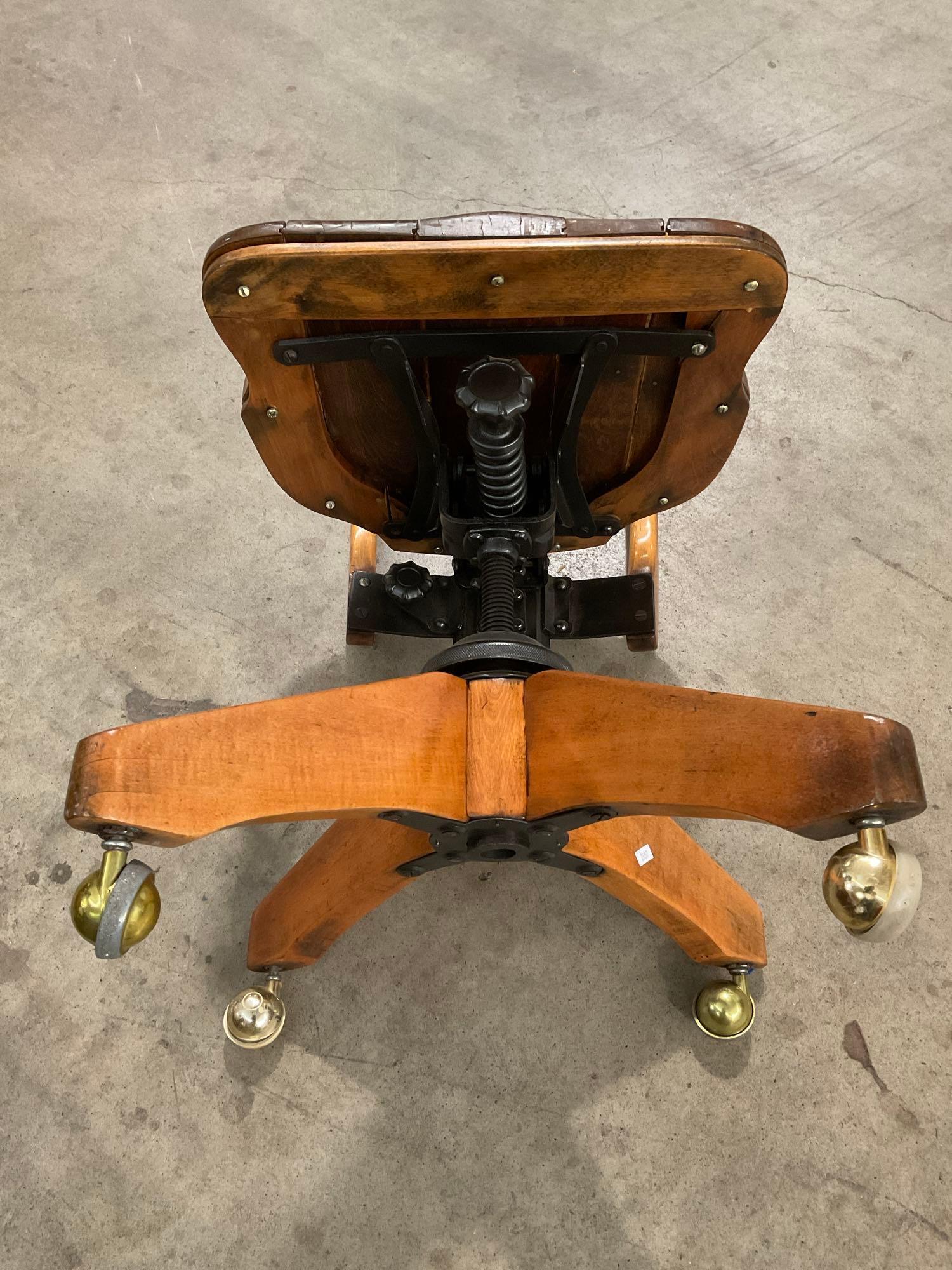 Vintage Shepherd Industrial Wooden Wheeled Rolling Office Chair. Measures 17" x 31" See pics.