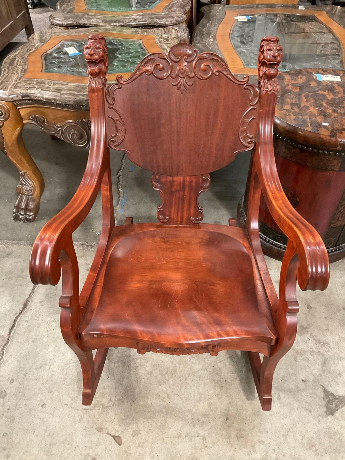 Antique Ornately Carved Wooden Rocking Chair w/ Decorative Lion Heads & Thistle Motif. See pics.