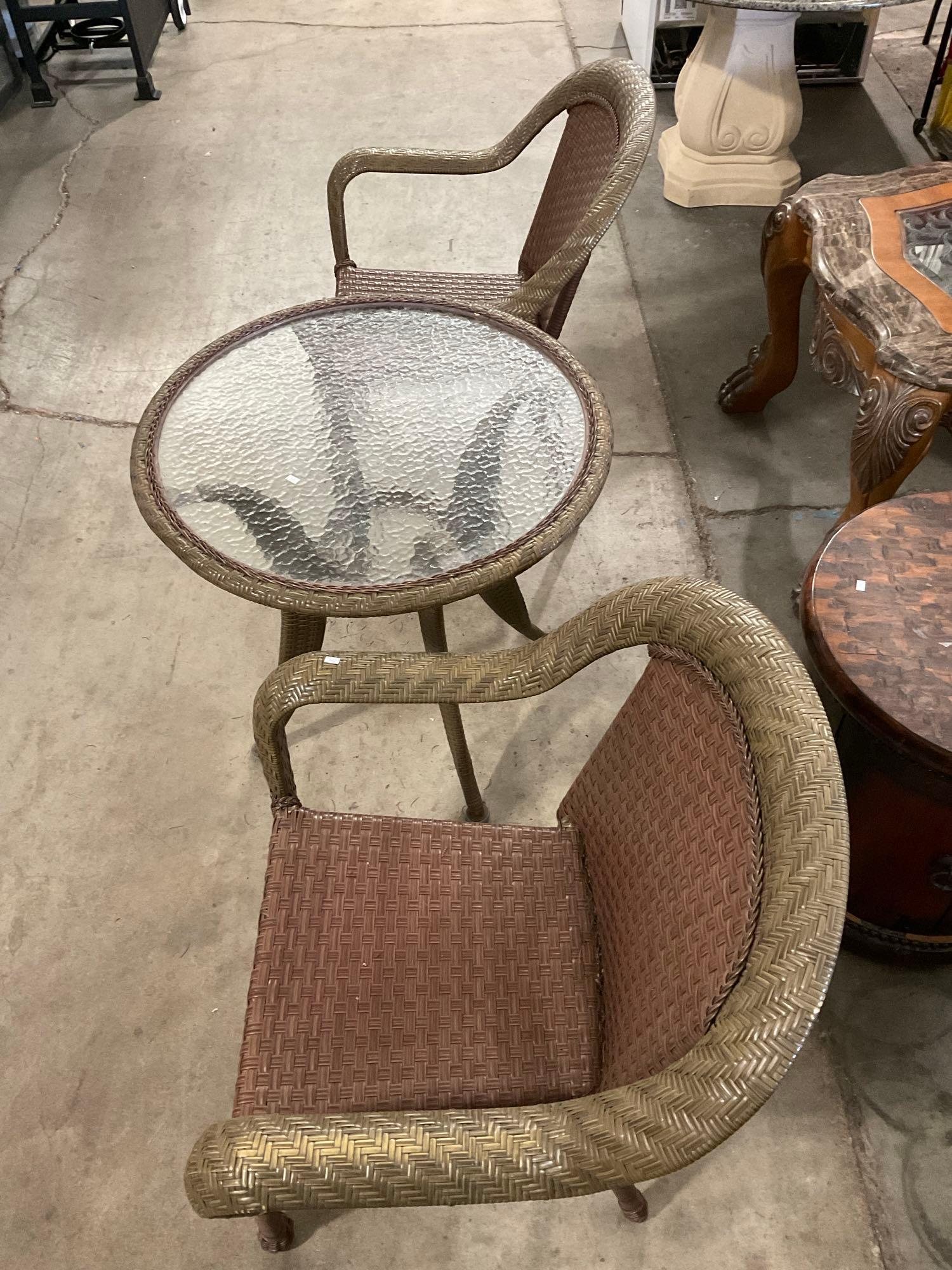 3 pcs Vintage Green & Brown Faux Wicker Patio Furniture Assortment. 2 pcs Chairs & Table. See pics