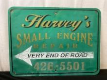 Vintage Heavy Sheet Metal sign, Harveys Small Engine Repair, Dark Teal in color