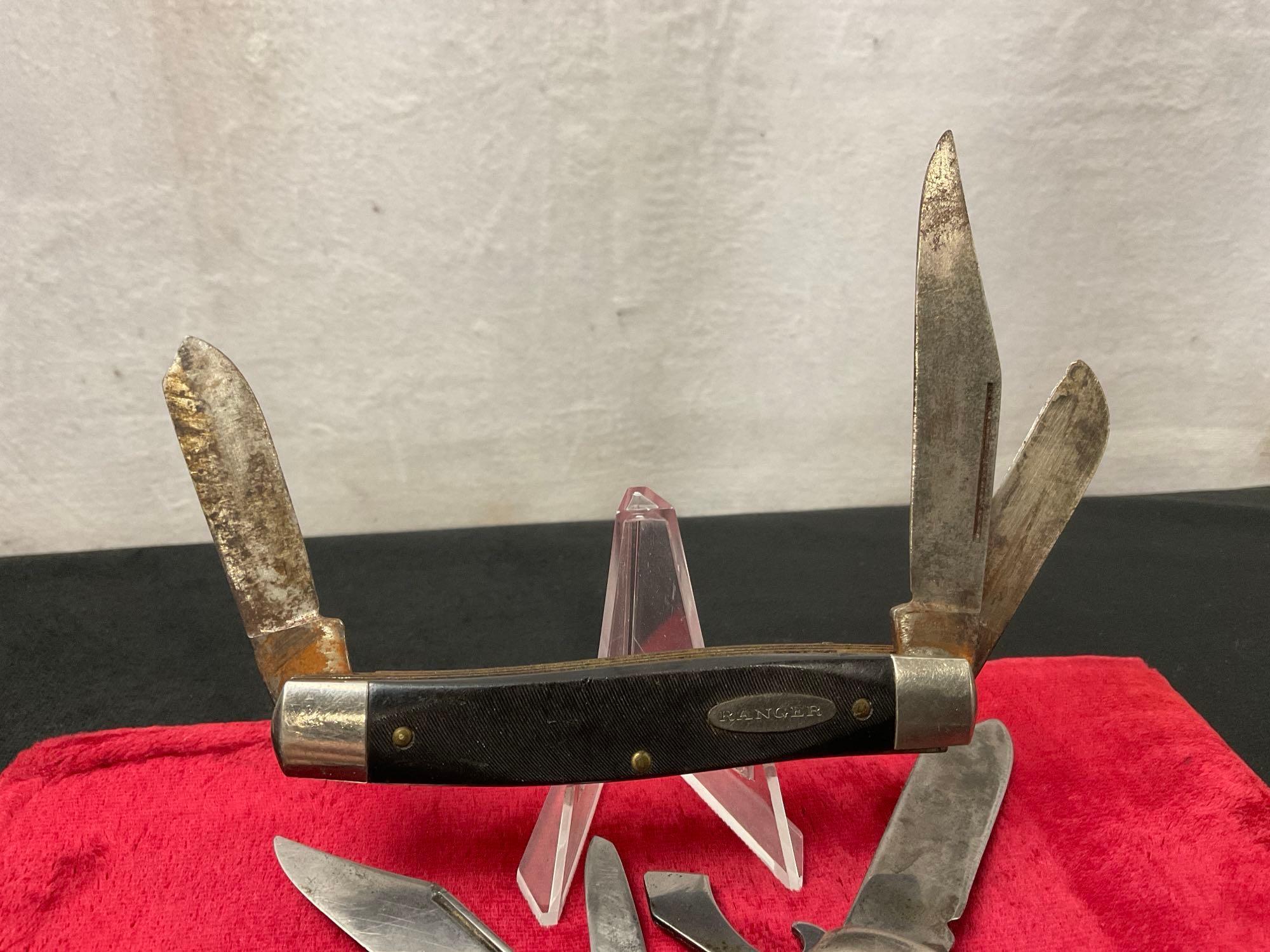 Trio of Vintage Multiblade Folding Pocket Knives, Ranger Stockman, Providence Camper & Ideal Camper