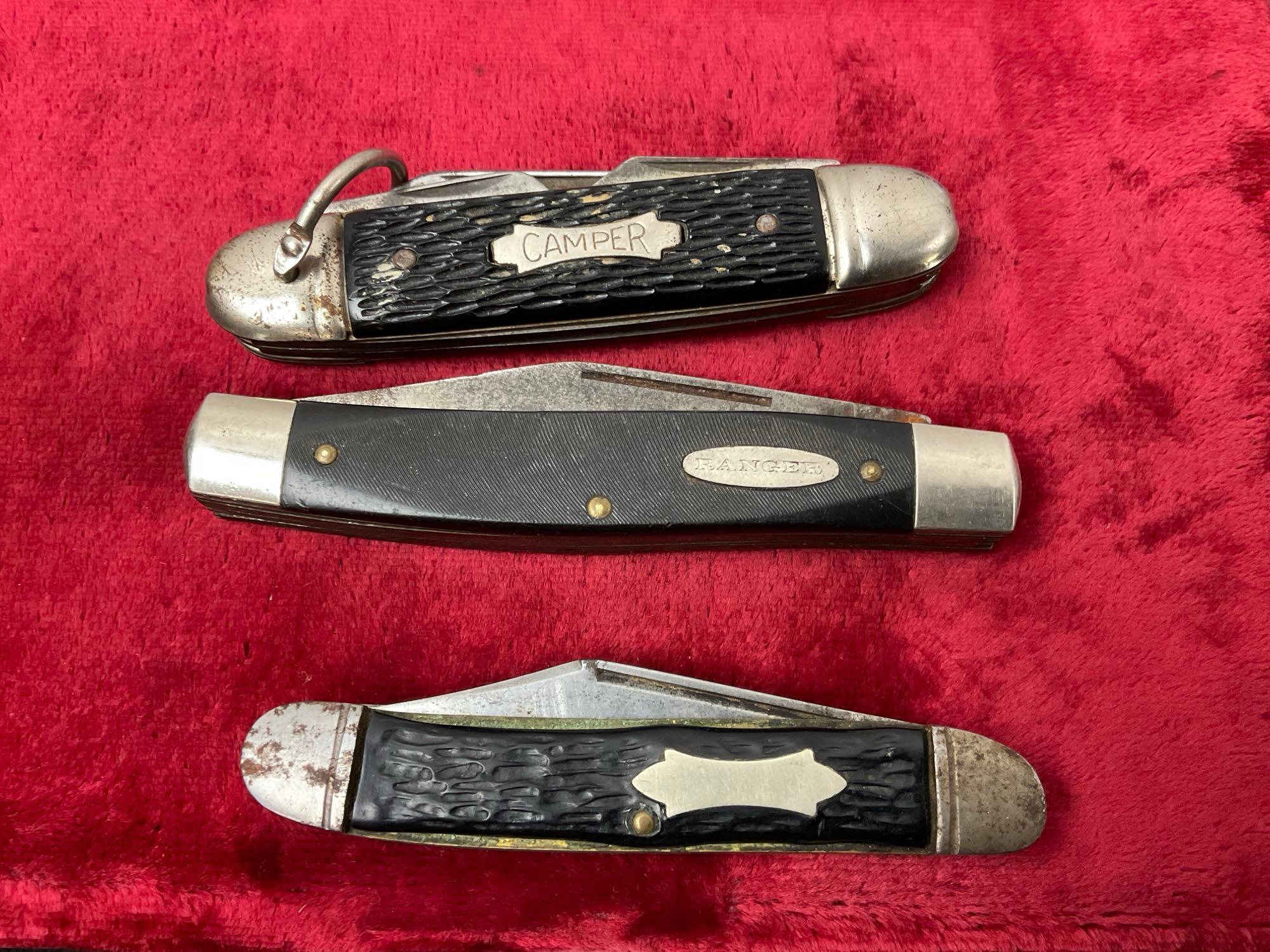 Trio of Vintage Multiblade Folding Pocket Knives, Ranger Stockman, Providence Camper & Ideal Camper