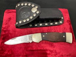 Vintage Western Folding Knife, S-532, w/ Leather Sheath w/ Panther and riveted design