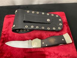 Vintage Western Folding Knife, S-532, w/ Leather Sheath w/ Panther and riveted design