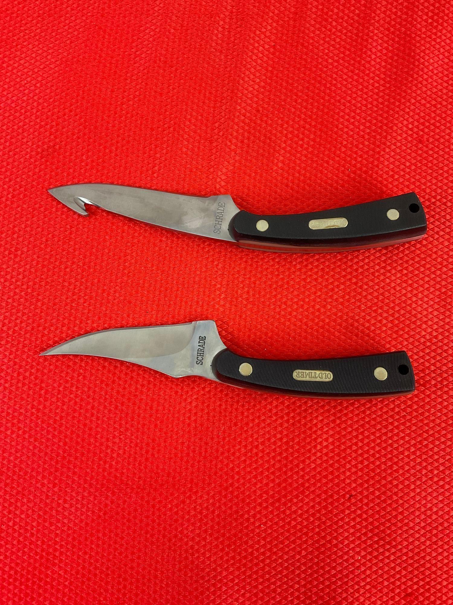 2 pcs Schrade Old Timer Stainless Steel Knives w/ Leather Sheaths. Models 1520T & 1580T. NIB. See