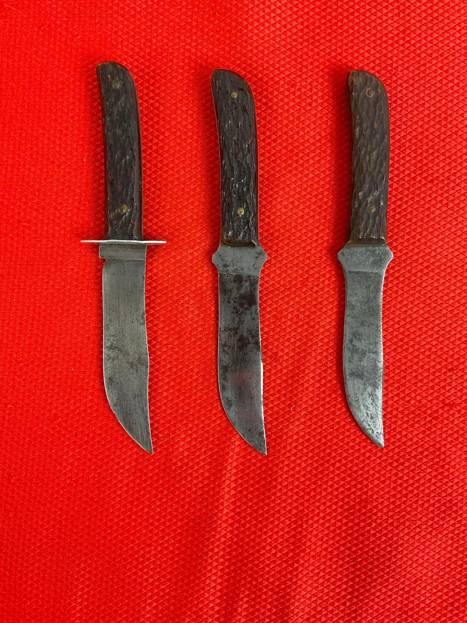 3 pcs Vintage Remington 4" Steel Fixed Blade Hunting Knives w/ Leather Sheathes Model RH-4. See