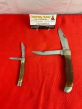 2 pcs Vintage Old Hickory Steel 2 Blade Folding Pocket Knives Models Ontario 601 & Ontario 611. See