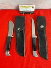 2 pcs Buck Steel Fixed Blade Hunting Knives w/ Leather Sheathes & Composite Handles. Model 103. See