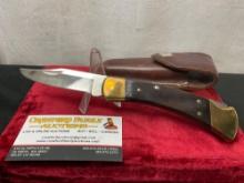 Vintage Buck 110X Folding Hunting Knife, Brass and Wood, w/ Leather Case