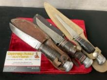 Vintage Remington Fixed Blade Knives, 2x RH70, & 1x RH74, 3.5-4 inch blades, w/sheaths