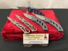 5 Folding Pocket Knives, 3x Modern Buck 316 Parallex & 2x Stainless Steel Folders