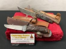 Trio of Vintage Remington Fixed Blade Hunting Knives, RH4 w/ various leather sheaths