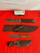 2 pcs Vintage Remington Steel Fixed Blade Hunting Knives Models RH-36? & R4 w/ Sheathes. As Is. See