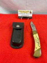 Vintage Schrade+ 3.5" Steel Folding Blade Pocket Knife Model 507SC w/ Etched Cougar & Sheath. See