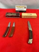 3 pcs Buck Steel Folding Blade Collectible Pocket Knives Models 527 The Treasury & 501 Squire. See