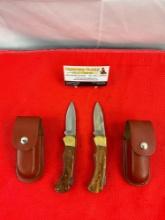 2x Unknown Maker 2.5" Stainless Steel Folding Blade Pocket Knives w/ Sheathes. No Hallmarks. See