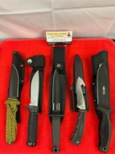 5 pcs Modern Steel Fixed Blade Knife Assortment w/ Sheathes. 1x Takedown, 1x Camillus. See pics.