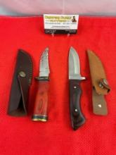 2 pcs 3.5" Steel Fixed Blade Hunting Knife w/ Sheathes. 1x Rite Edge, 1x Sports Afield. As Is. See