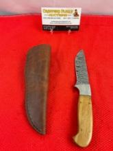 3" Steel Fixed Blade Hunting Knife w/ Wood Handle, Etched Blade & Sheath. Unknown Maker. See pics.