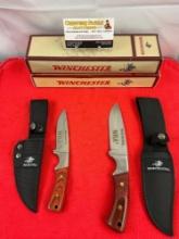 2 pcs Modern Winchester Steel Fixed Blade Hunting Knives w/ NRA Logo & Sheathes. See pics.