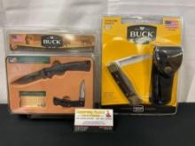 Pair of Buck Knives in Packaging, 110 Folding Hunter & Boone and Crockett Club Collectors Knives