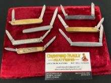 Group of 7 Folding Pocket Knives, by Dow, Anvil, Imperial, and more w/ Brass & Steel handles