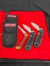 3x Craftsman Folding Pocket Knives - 2 w/ Sheathes - Blades Measure 3" & 3.5" Long - See pics